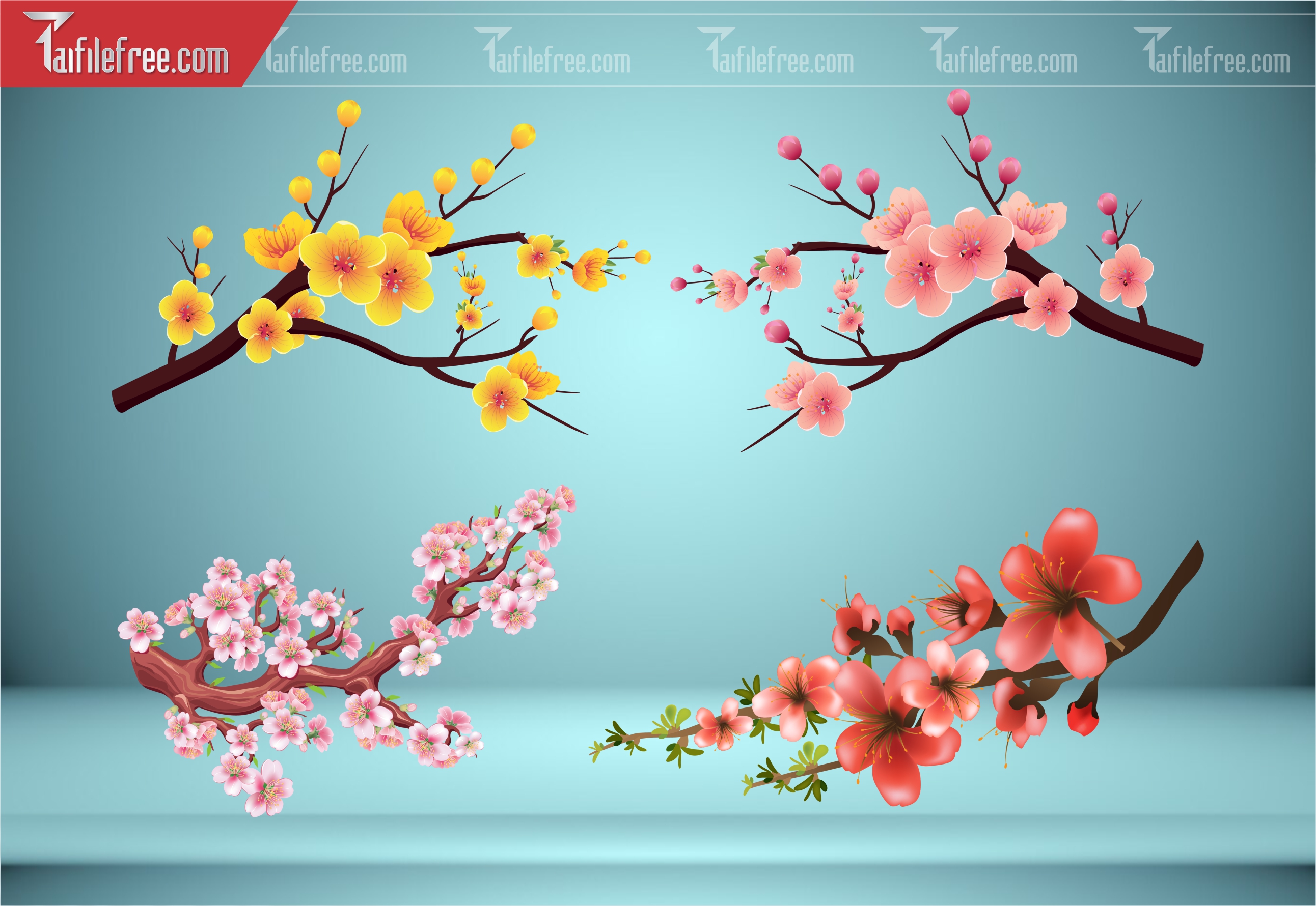 Dữ Liệu, Họa Tiết Tết, Cành Hoa Mai, Hoa Đào Vector_DLT104