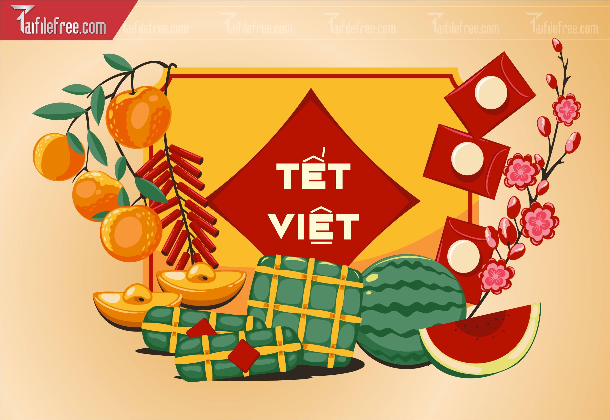 Dữ Liệu, Họa Tiết Tết, Gánh Bánh Chưng Hoa Quả Tết Việt_DLT114