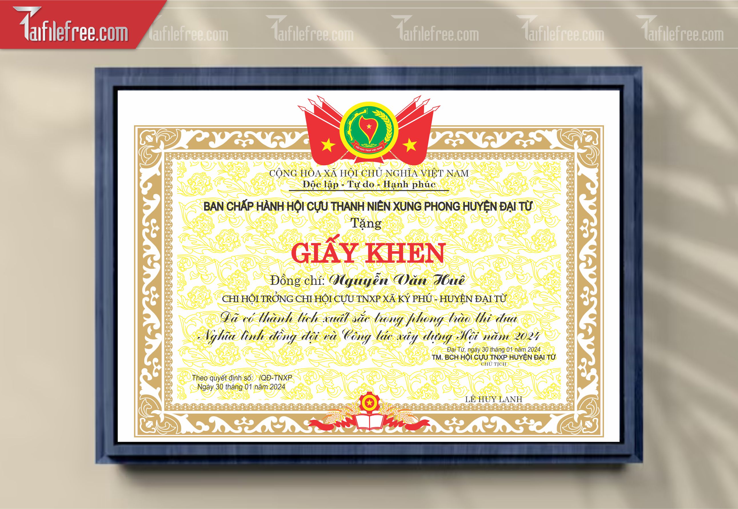 Giấy Khen Nhà Nước Đẹp,  Hội Cựu Thanh Niên Xung Phong_GK85