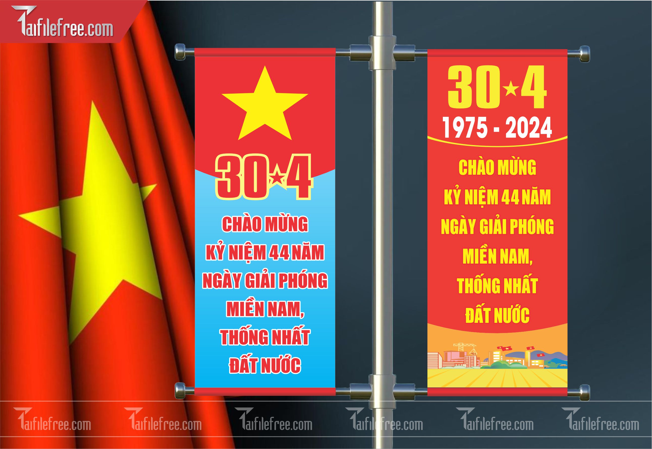 Phướn Dọc Trang Trí Giải Phóng Miền Nam 30/4 và Quốc Tế Lao Động 01/5 Vector_GN44