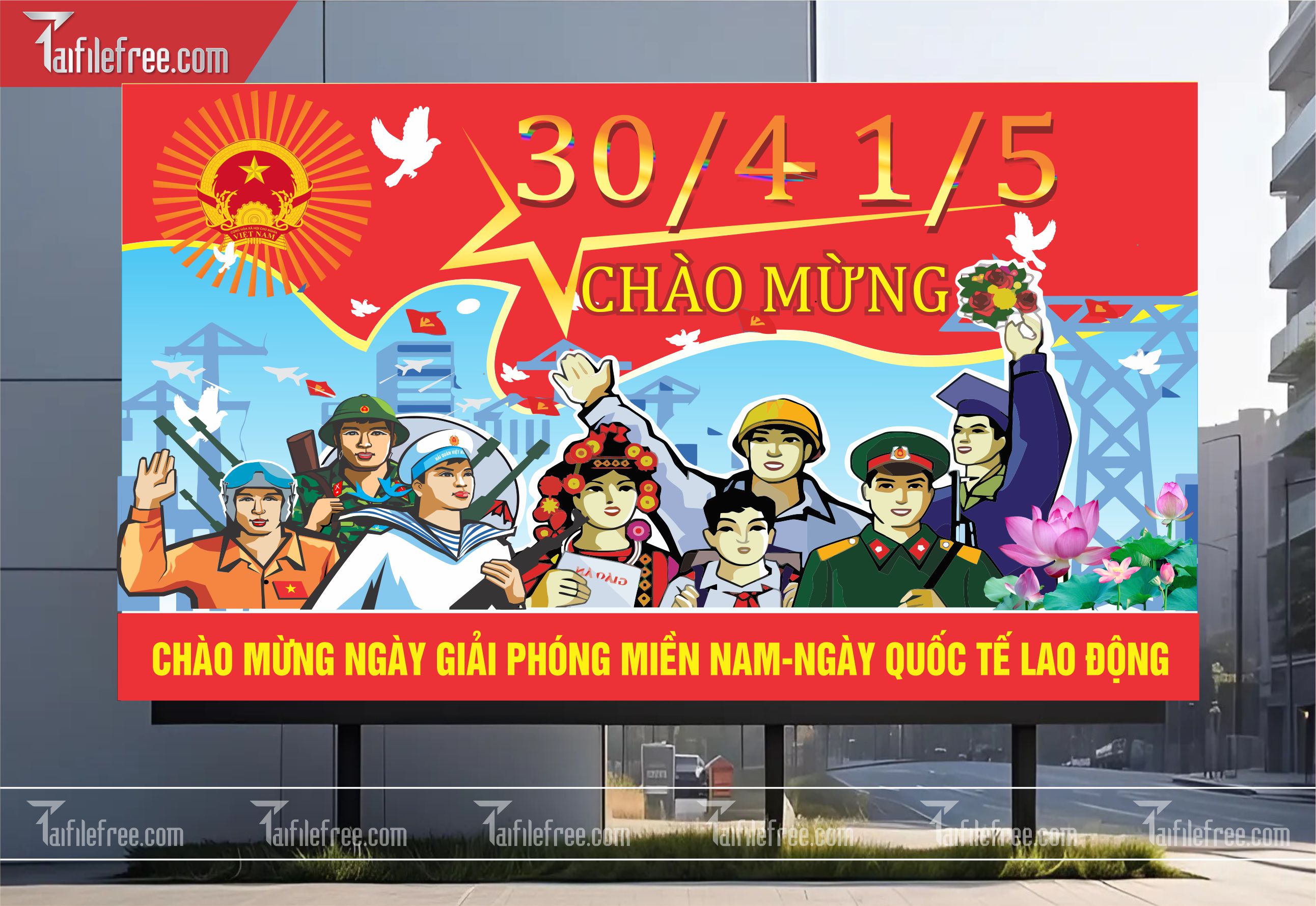 Pano Trang Trí Giải Phóng Miền Nam 30/4 và Quốc Tế Lao Động 01/5 Vector_GN45