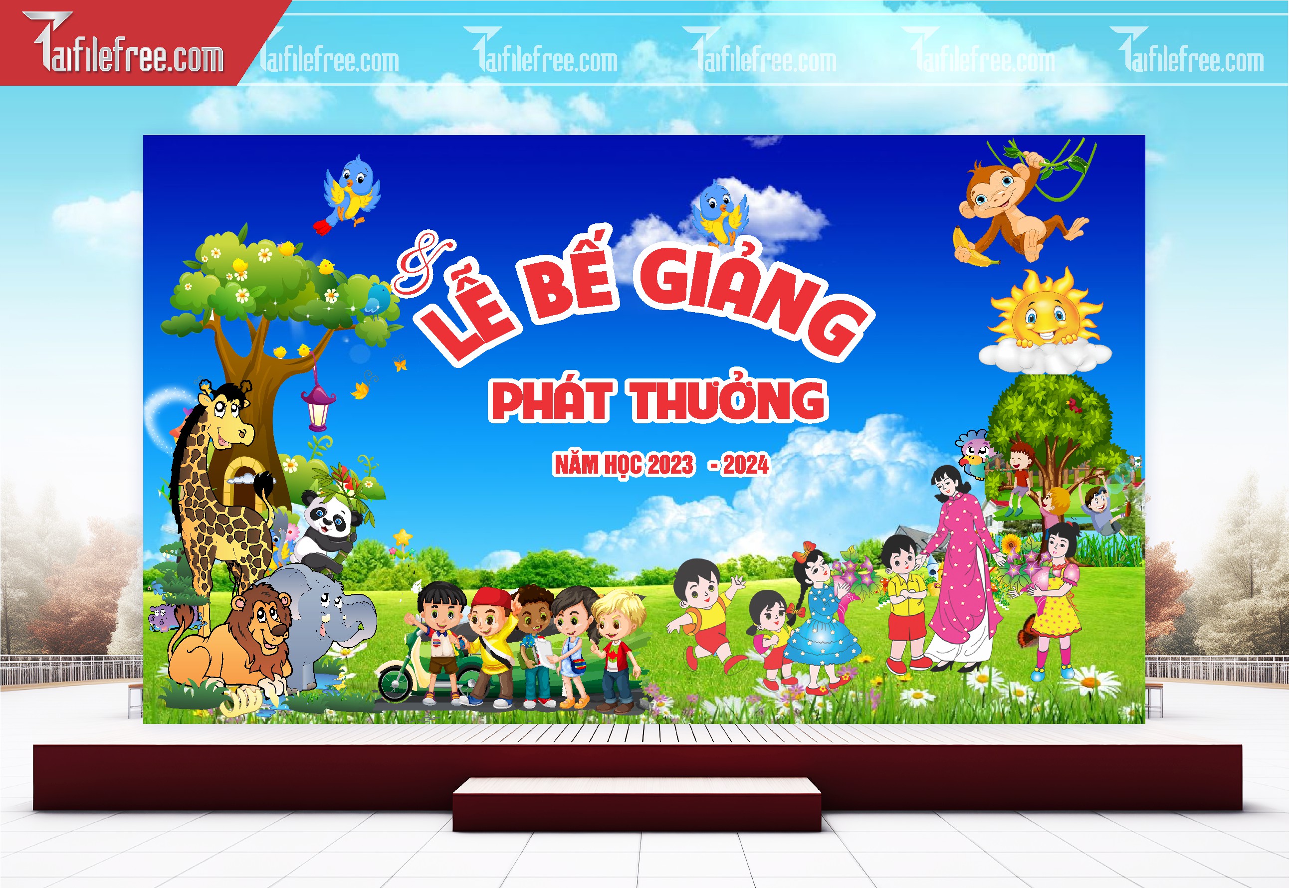 Background Phông Nền Sân Khấu Tổng Kết Cuối Năm Trường Học TK34