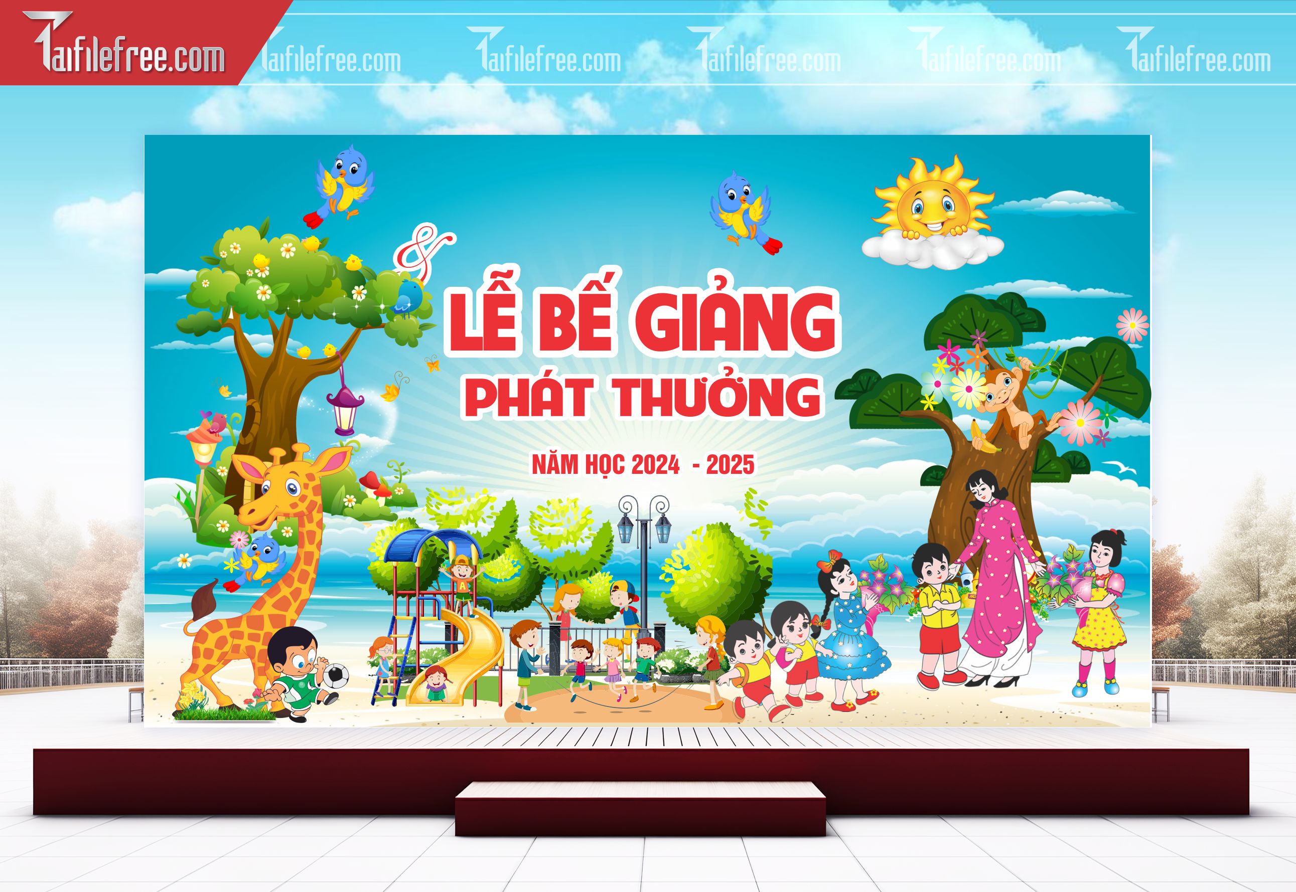Background Phông Nền Sân Khấu Tổng Kết Cuối Năm Trường Học TK48