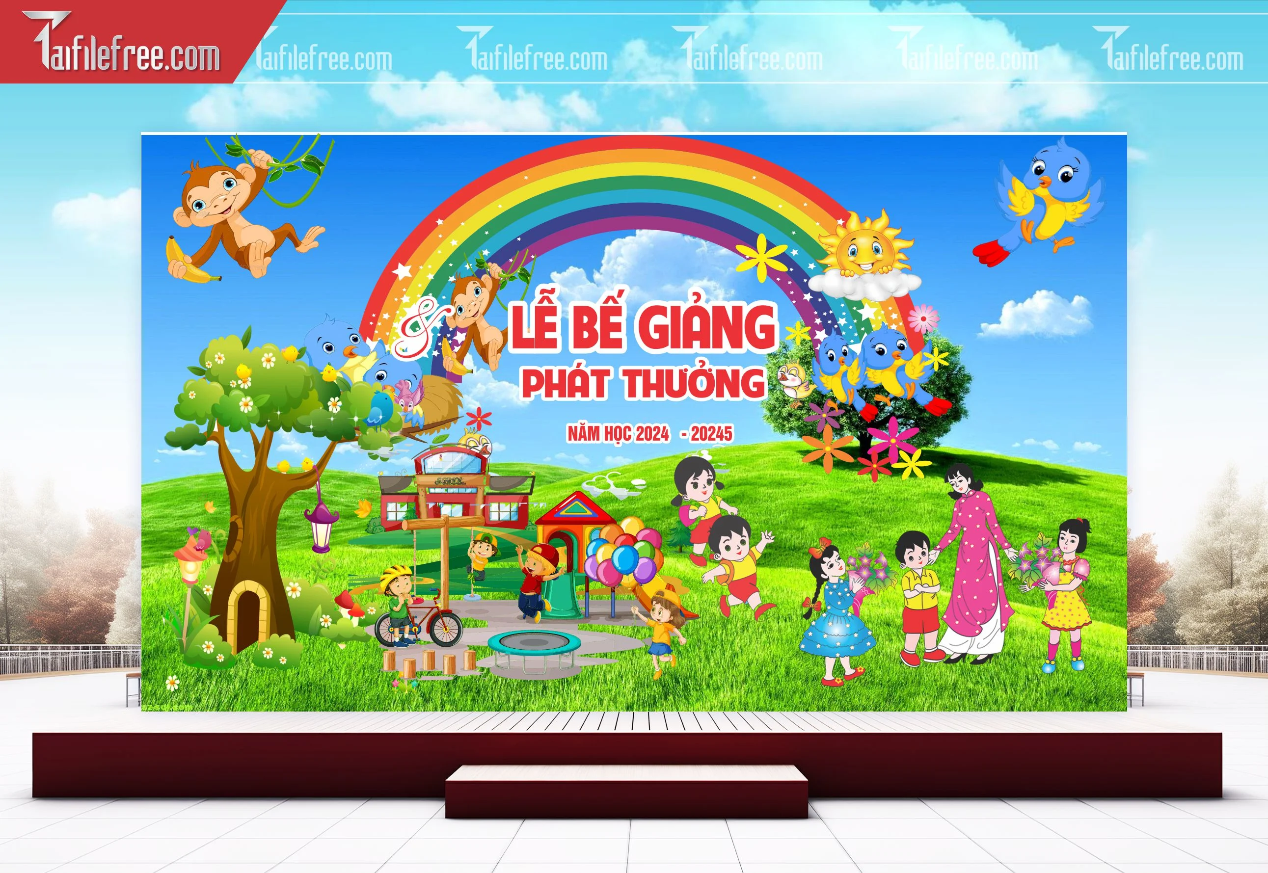 Background Phông Nền Sân Khấu Tổng Kết Cuối Năm Trường Học TK50