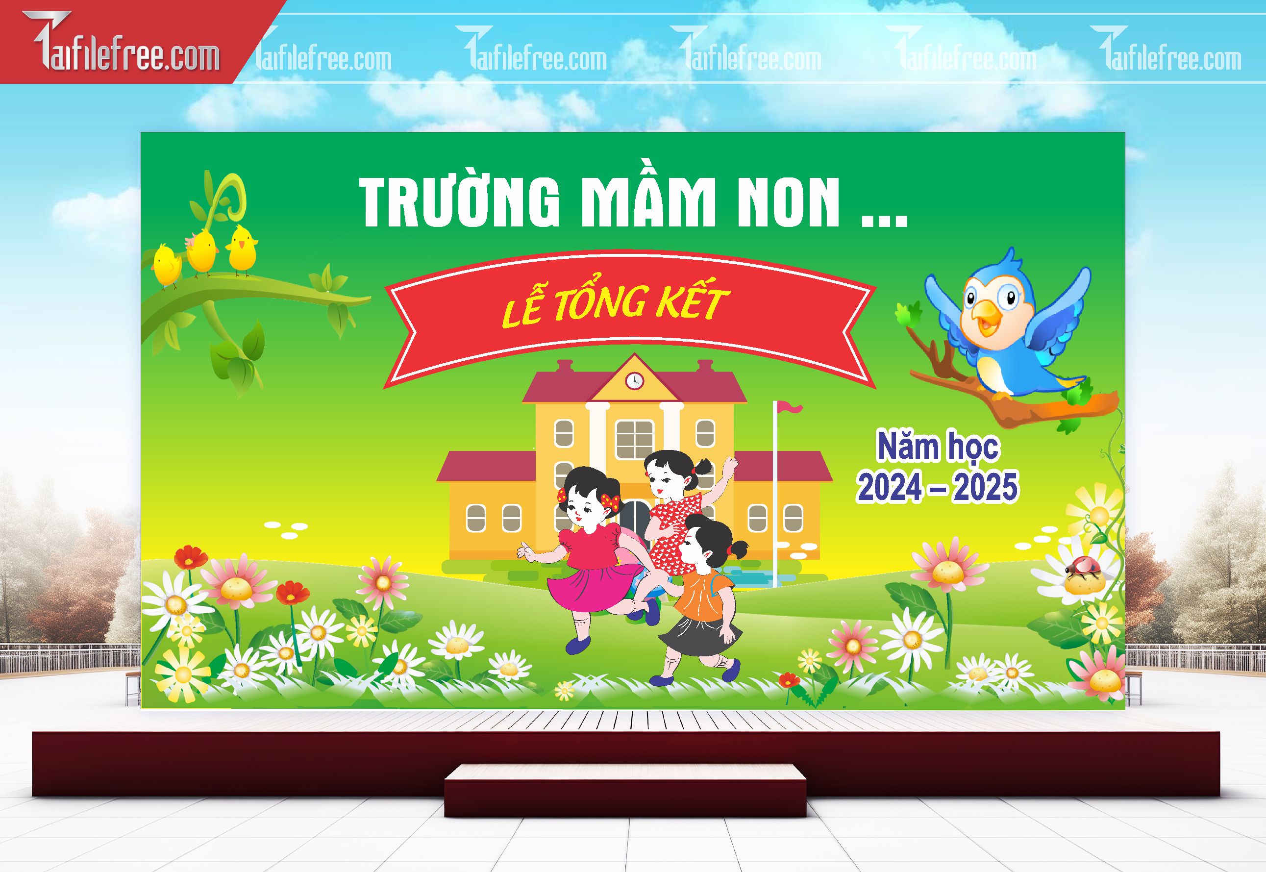 Background Phông Nền Sân Khấu Tổng Kết Cuối Năm Trường Học TK61