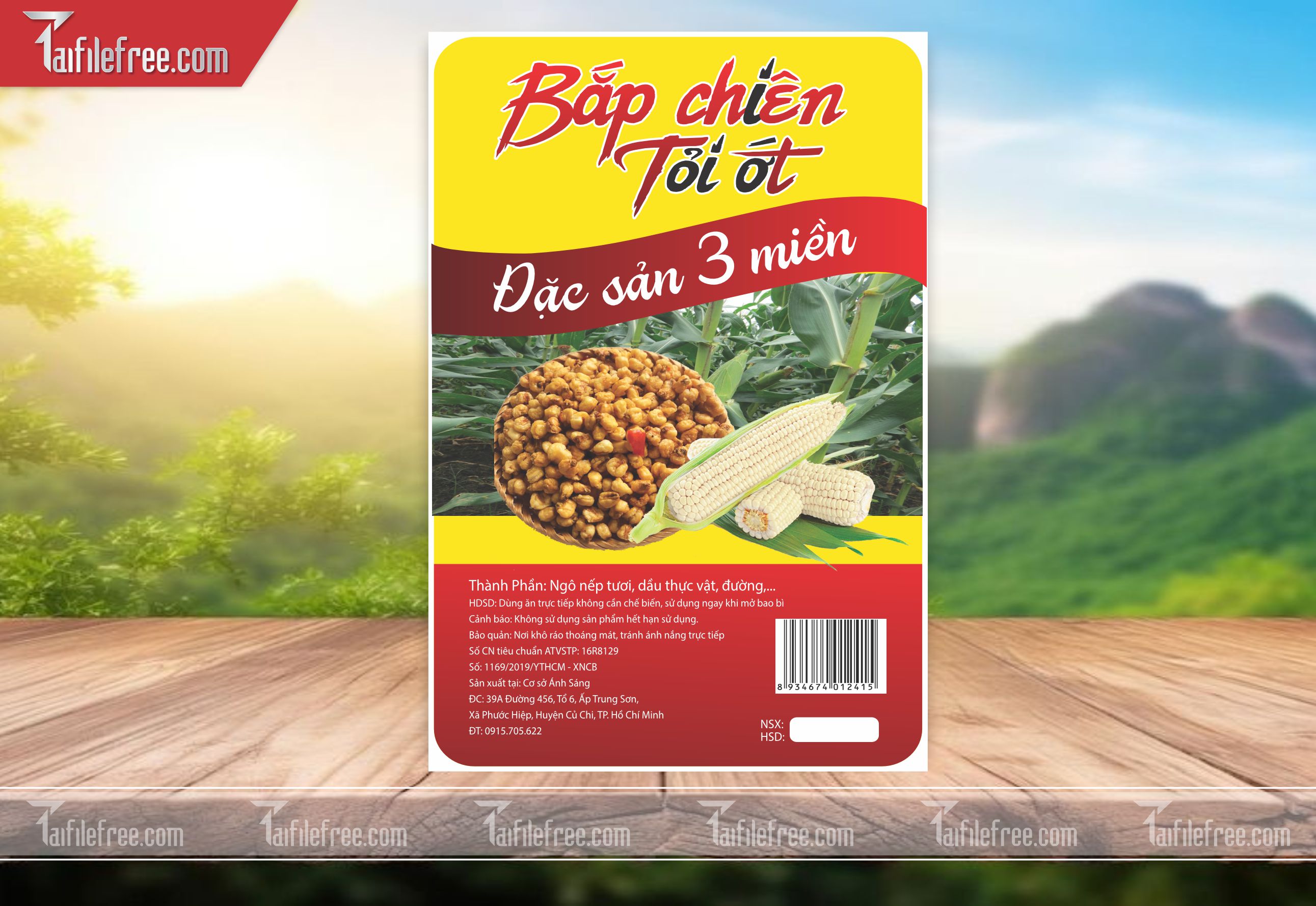 Mẫu Thiết Kế Tem Ăn Vặt, Bắp Chiên Tỏi Ớt TN85