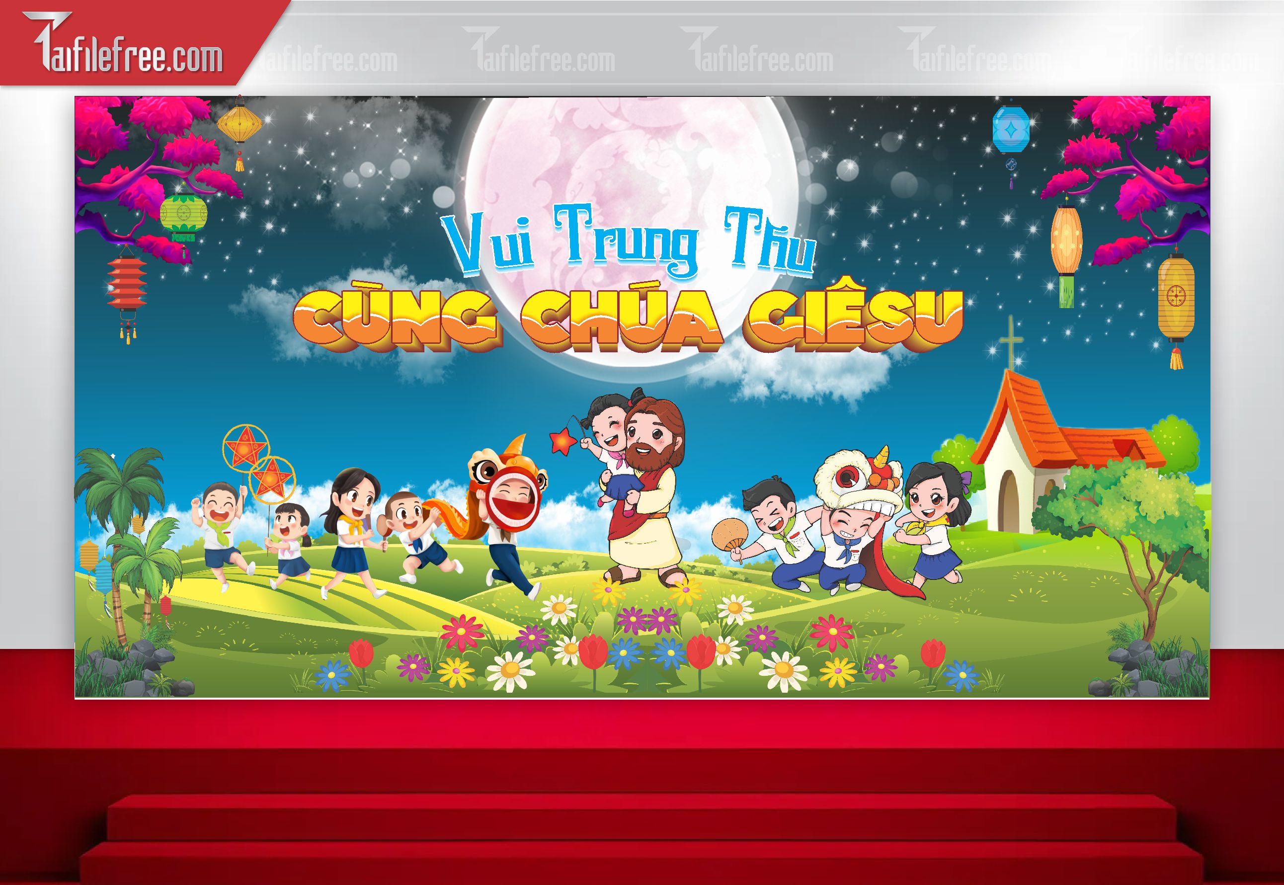 Mẫu Backdrop Trung Thu Công Giáo Đẹp Mắt Sáng Tạo_TTV107