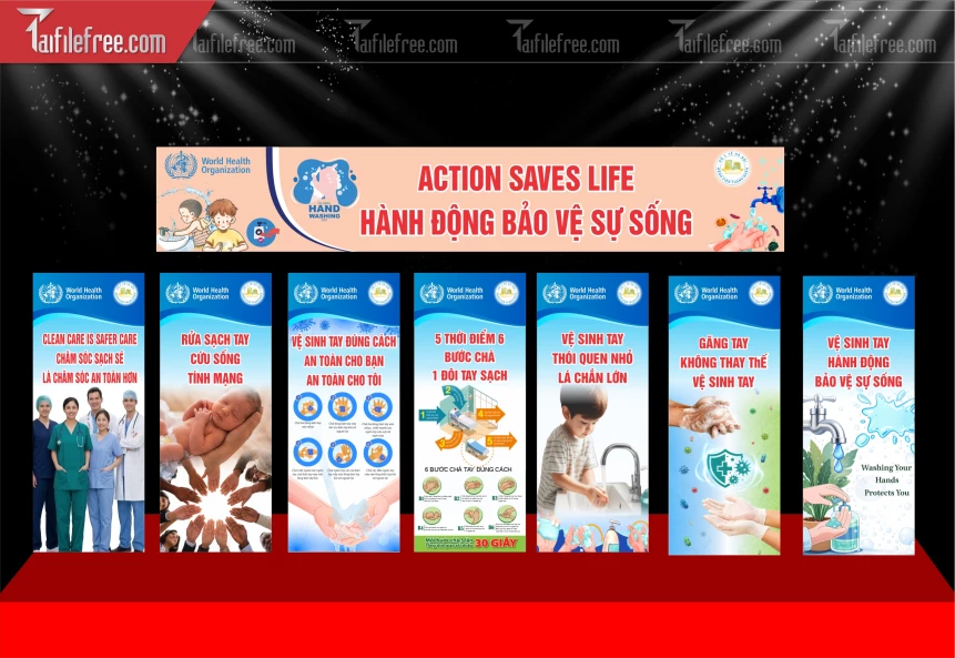 Mẫu Poster Băng Rôn Quy Trình 6 Bước Rửa Tay Sạch_BH718