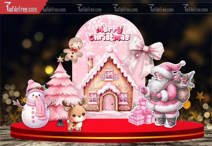 Mô Hình Giáng Sinh, Tiểu Cảnh Checkin Noel Tông Hồng_GS138